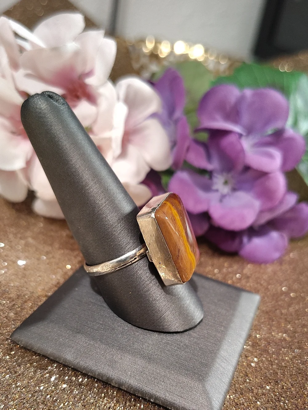 Amber Gemstone Silver Ring - Size 10